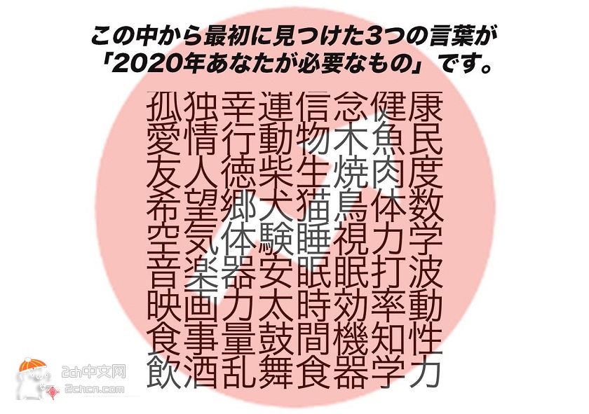 2ch：【心理测试图】这里面最开始找到的三个词，就是你2020年需要的东西