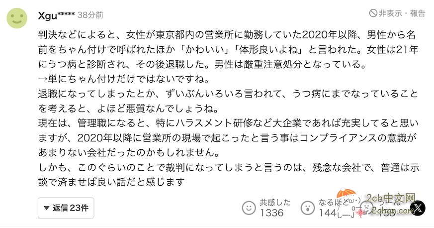 公司内称呼女同事“〇〇酱”构成性骚扰,日本男子被判赔偿22万日元