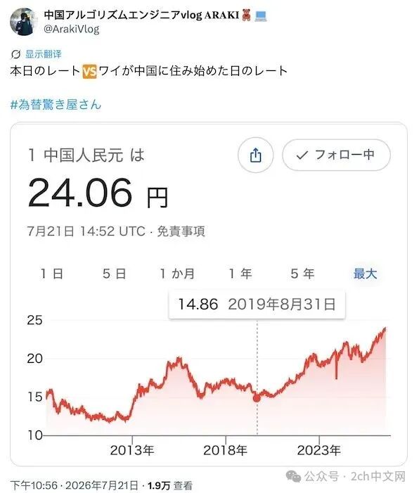 日本人对比了刚来中国时与现在的汇率，发现已经发生天翻地覆的变化