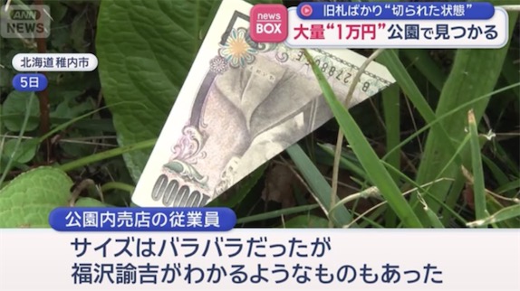 2ch：日本的公园内出现大量剪碎的“1万日元纸币”